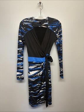 BCBGMaxAzria Black, Blue & White Wrap Midi Dress